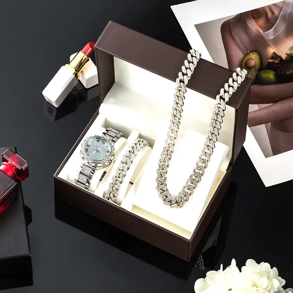 

Women fashion luxury jewelry simple squaer bracelet 3pcs set cuban link neckalce diamond ladies watch, As pic