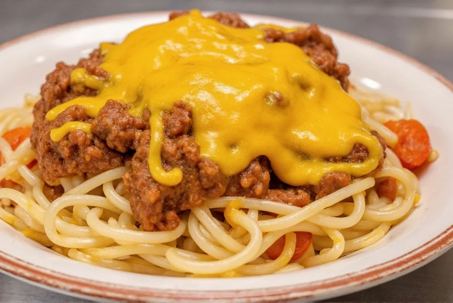 Blue Ash Chili signature three-way dish with spaghetti, chili, and melted cheddar cheese
