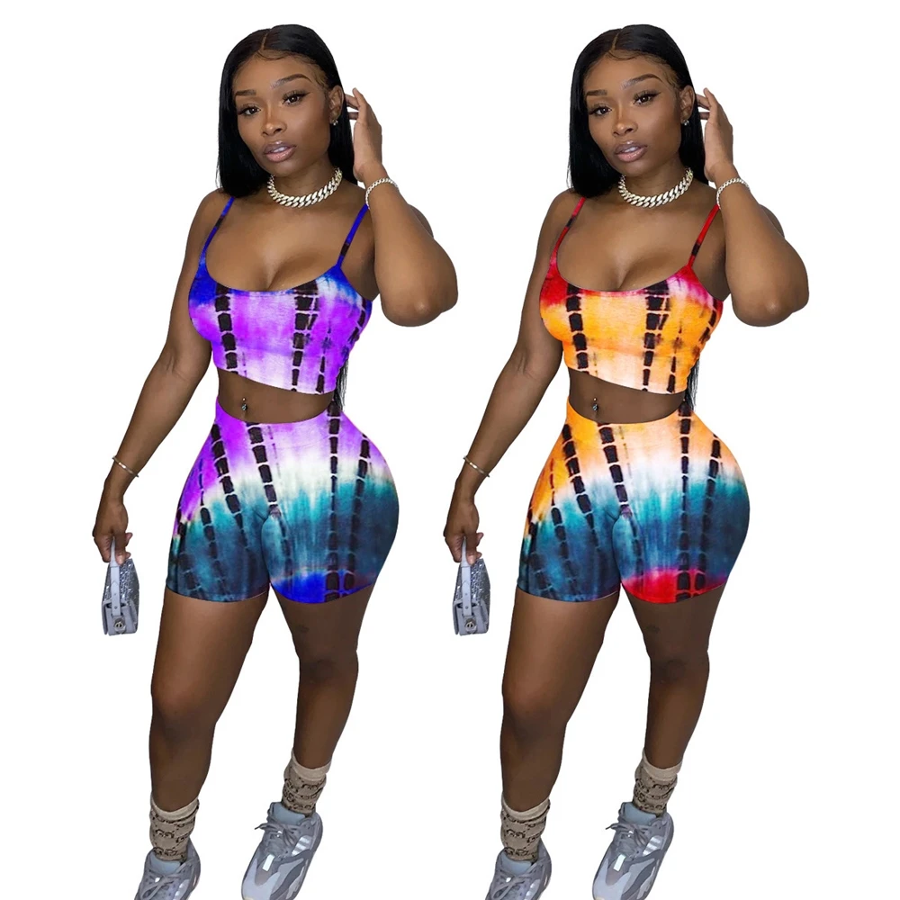 

J&H fashion Ready to ship printed lady summer clothing suspender tie dye women short set two piece, As picture shows or customized color