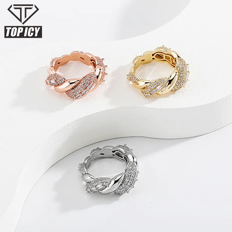 

TOP ICY Fashion Hip Hop Cuban Ring Hot Selling Iced Out CZ Men Rings Jewelry 18K Gold Plated Rings Christmas Gift, Gold, white gold, rose gold