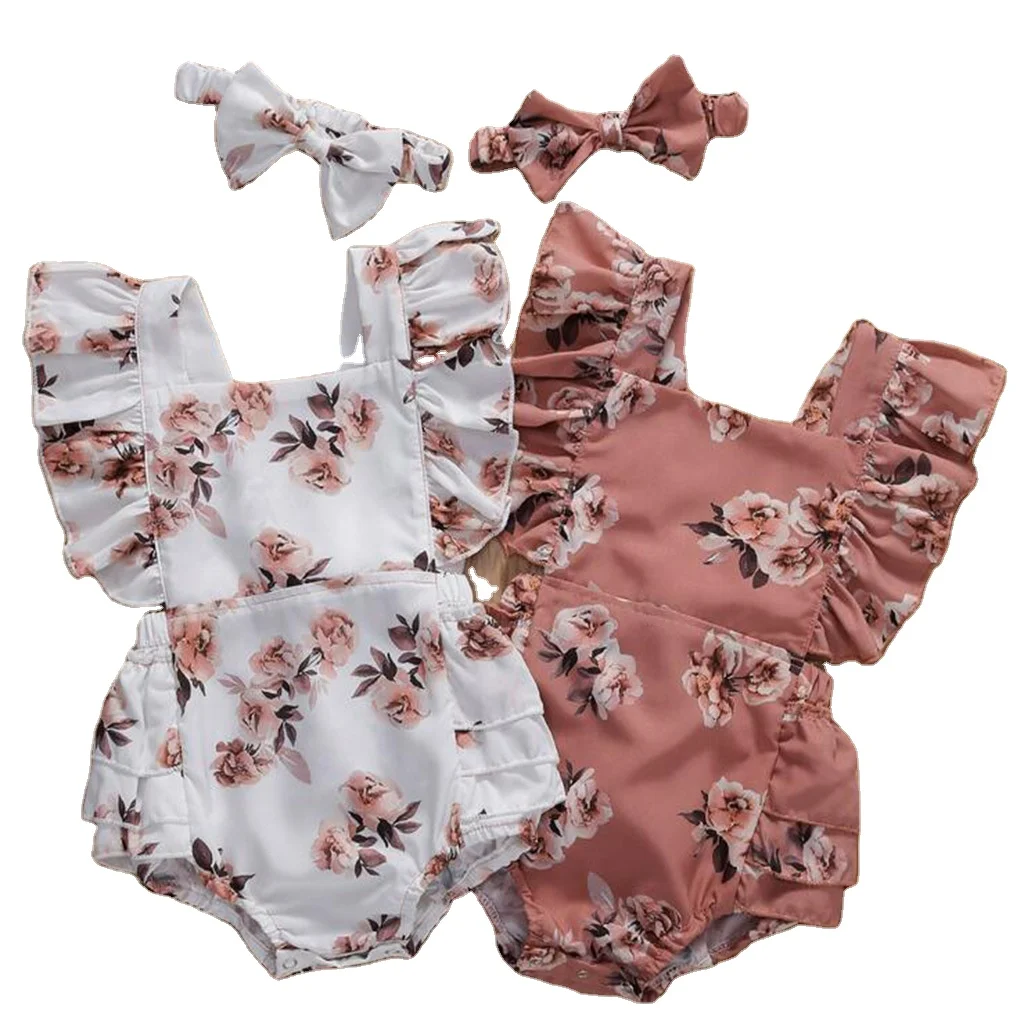 

2021 Hot Selling Summer Clothing Infant Newborn Kids Girl Floral Romper Sleeveless Ruffled Baby Jumpsuits With Headband