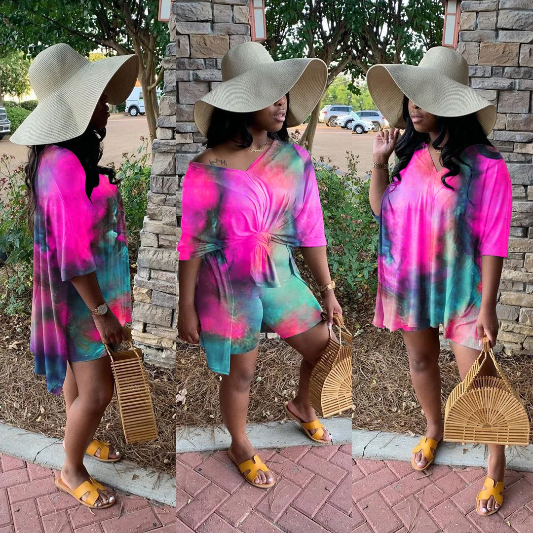 

Plus Size 3XL Loose Homewear Suit For Women V Neck Short Sleeve Pants Tie Dyed Streetwear Two Piece Short Set Women Clothing