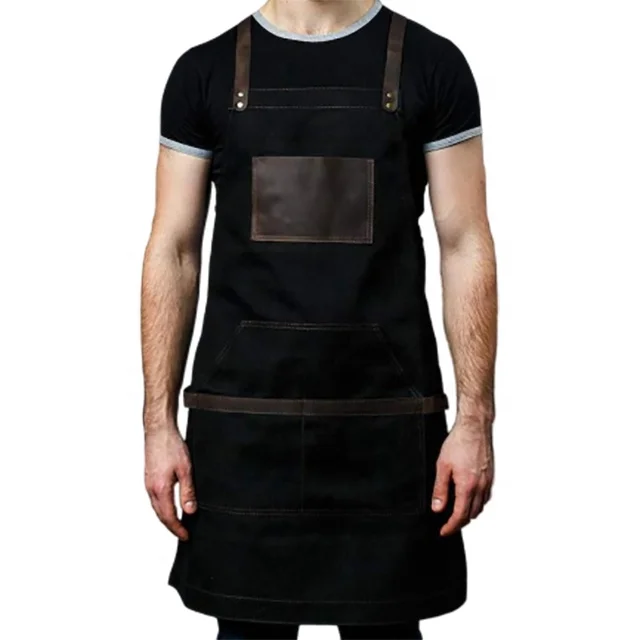 

SunYue Working Apron Black Waxed Canvas with Cross Straps Adjustable For Men Women Vintage Heavy Duty Apron, Can be customized