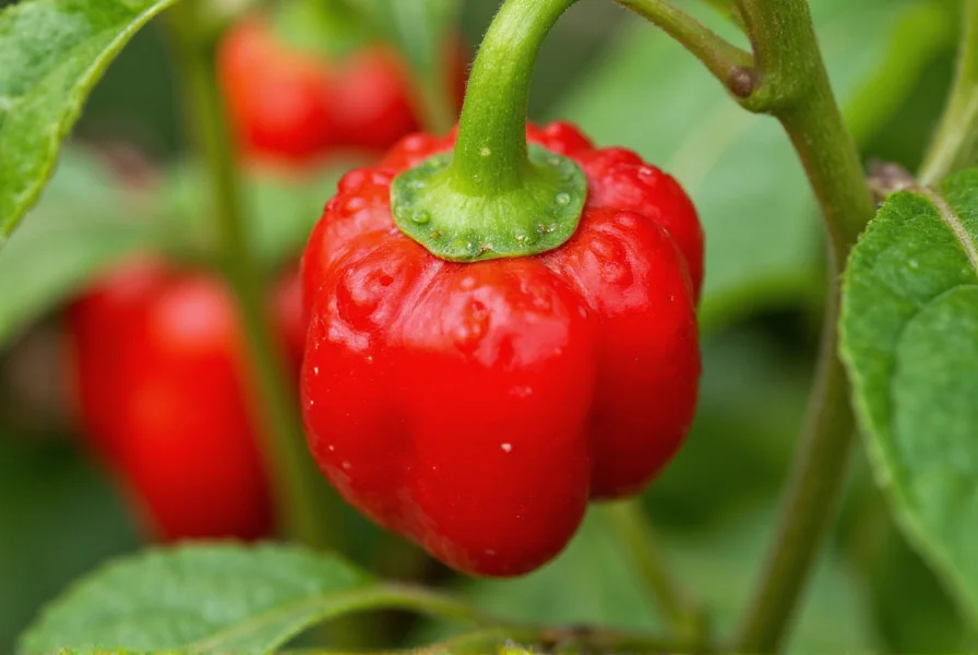 Close-up of vibrant red Carolina Reaper peppers on plant showing characteristic bumpy texture and stinger tail