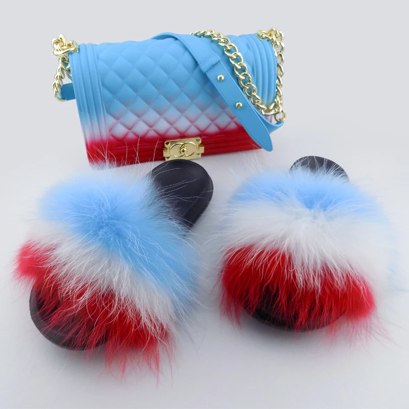 

Good price Women soft real raccoon fur slides and jelly bag