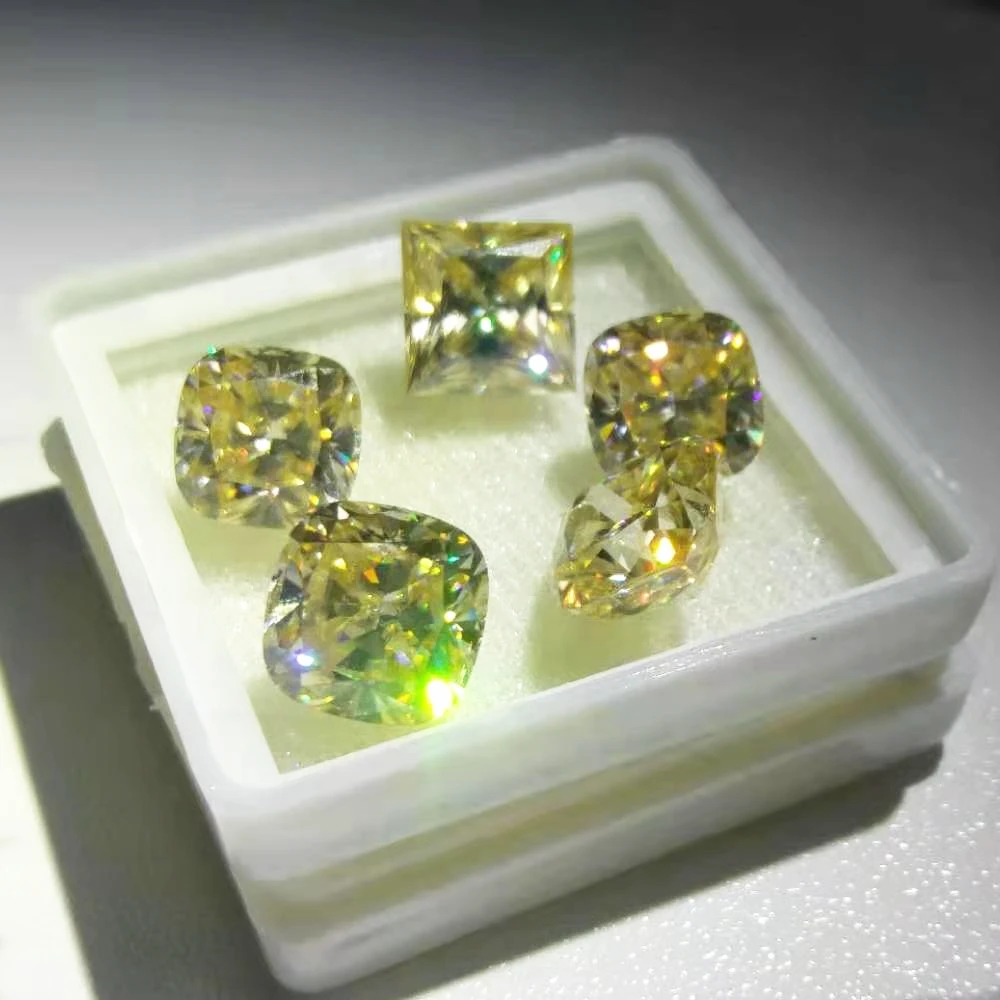 

Hot sale lab created yellow diamond loose yellow sapphire princess cushion cut vivid yellow moissanite for jewelry