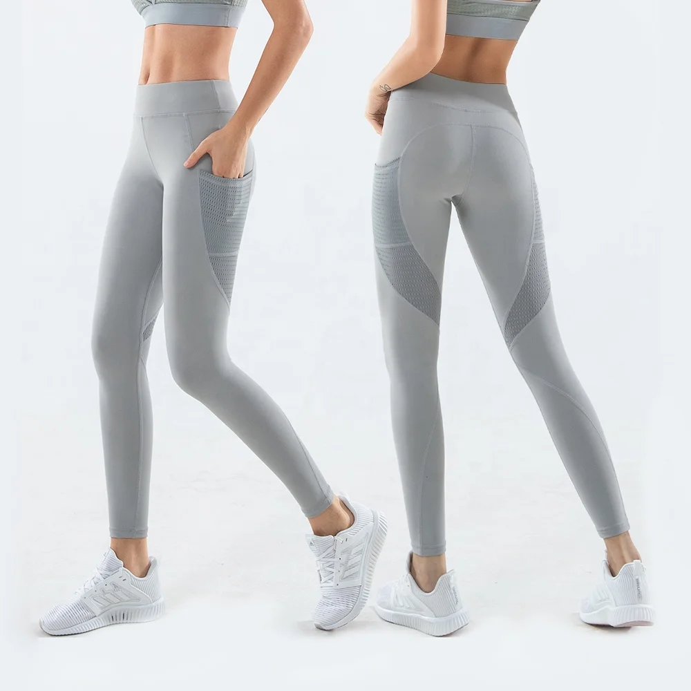 

OEM Service Breathable Gauze Scrunch Butt Women's Sports Leggings with Pockets Latest Solid Grey Color Casual Running Yoga Pant