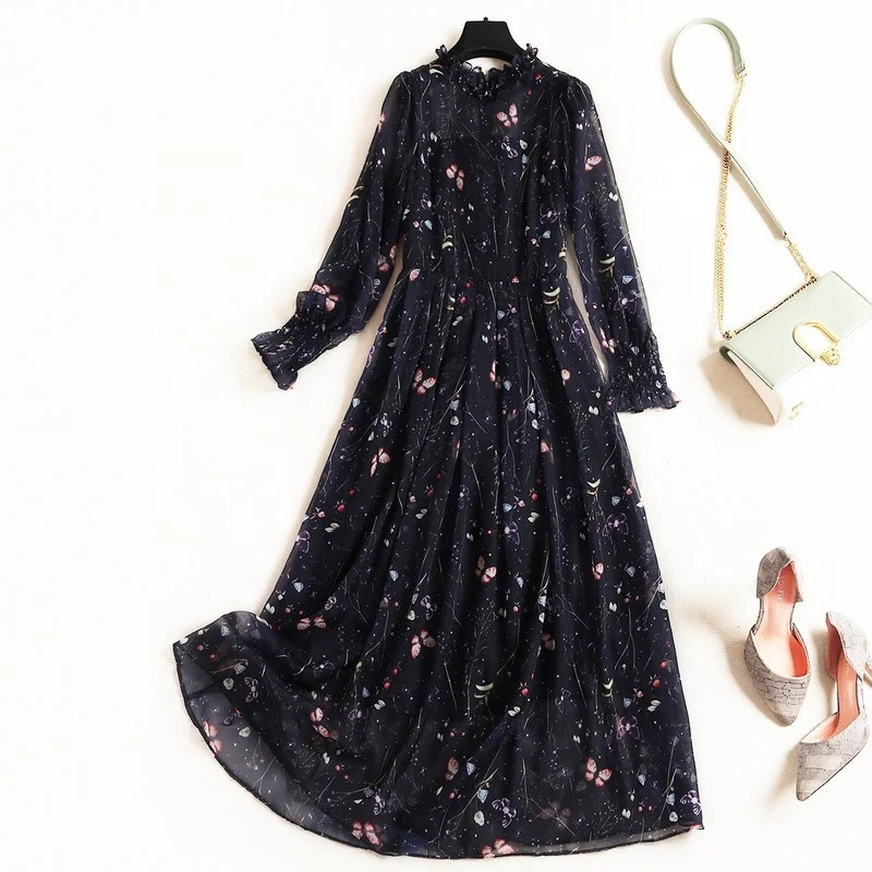 

B24292A Chiffon dress 2020 early spring new arrivals A- line dress printed long Dress, Navy