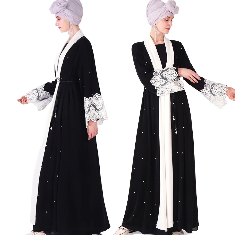 

High Quality Women Kimono Cardigan Caftan Islamic Clothing Lace Embroidery Beaded Muslim Dress Abayas For Women, As pics show
