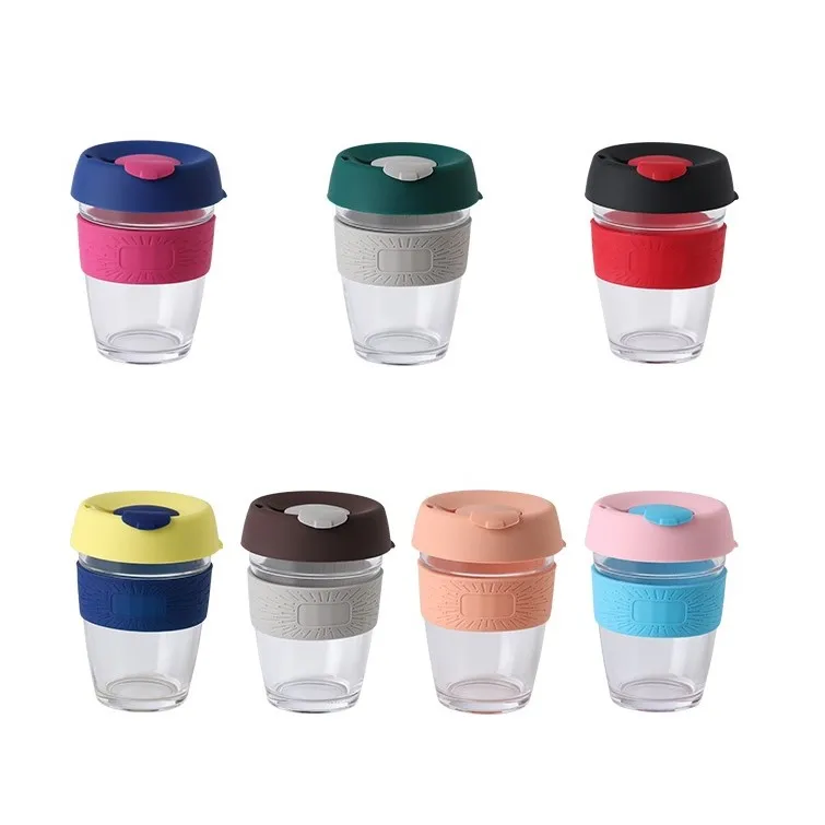 

Costom Logo 12oz Glass Reusable Coffee Cup with Silicone Sleeve, Grey /pink/navy/green ect