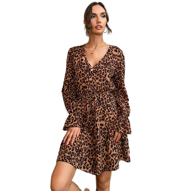 

Hotsale summer V-neck ruffle sleeve dress Ladies belt up animal print dress, 5 colors