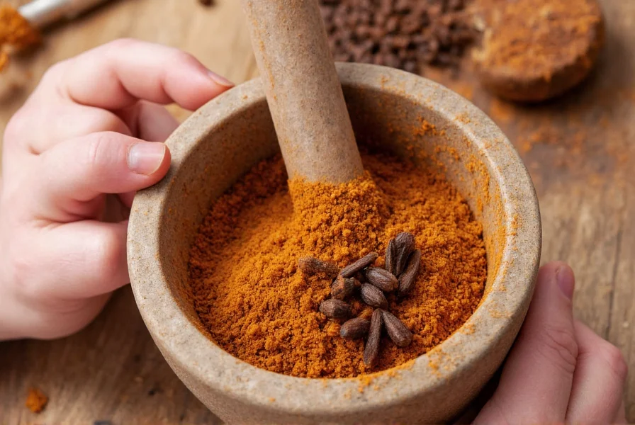 Hand holding mortar and pestle with freshly ground ginger, cinnamon sticks, and whole cloves for ginger bread spice preparation