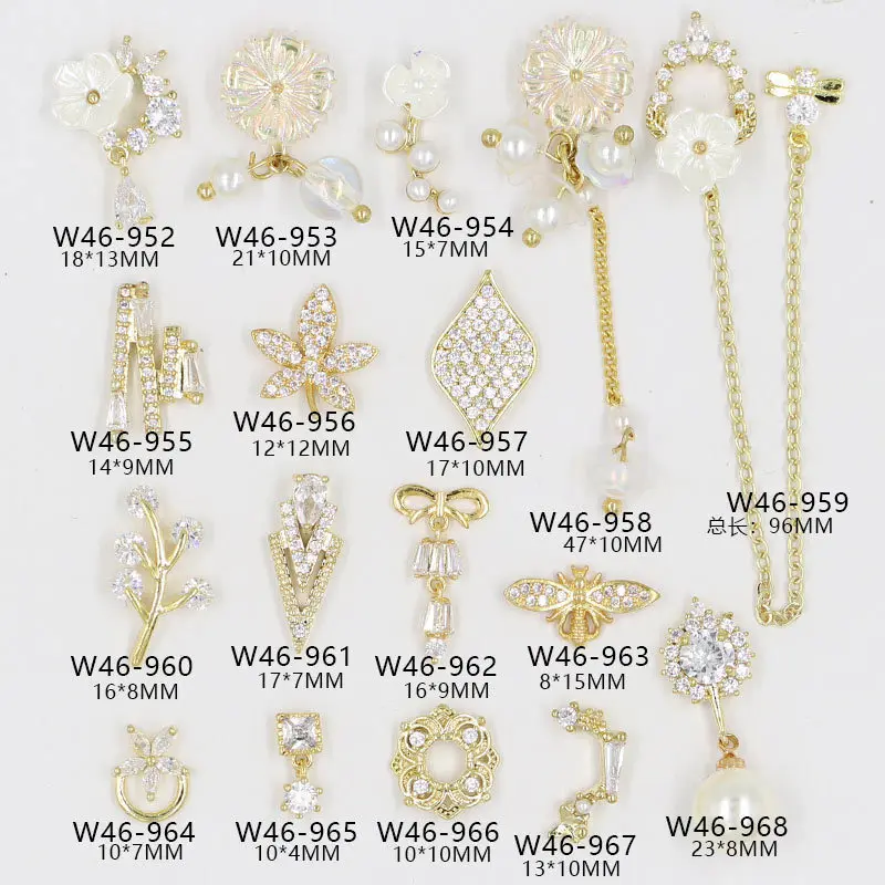 

Luxury Nail Art Charm Cubic Zircon Nail 3D Diamond Gold Plated Shell Pearl Flower Nail Sticker DIY Art Decoration Finger Jewelry, Colorful