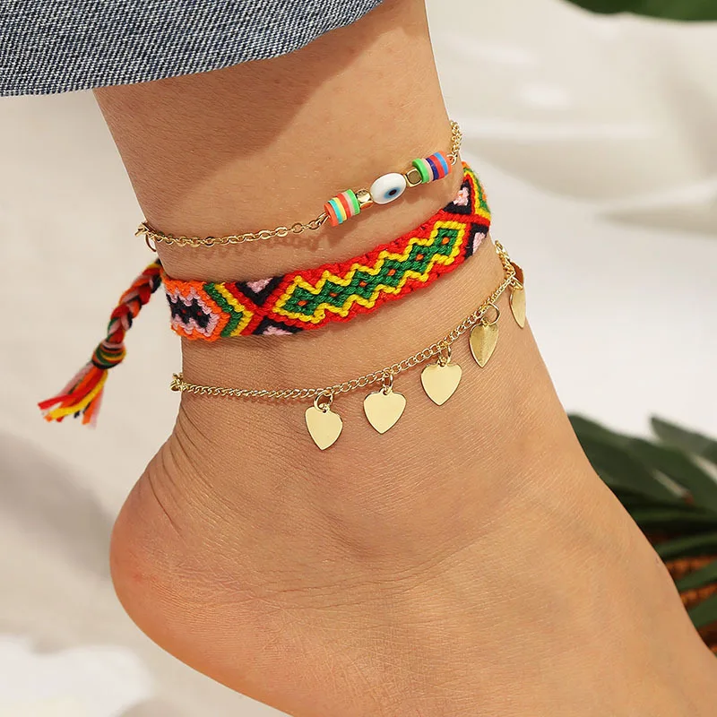 

Hot sale beach hand-woven love bead anklet trendy clay multi-layer anklet, As picture show