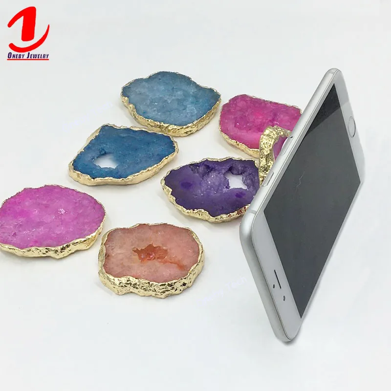 

Golden Rim Edge Natural Stone Gemstone Geode Quartz Crystal Druzy Slice Mobile Phone Holder Grip Socket for cell phone