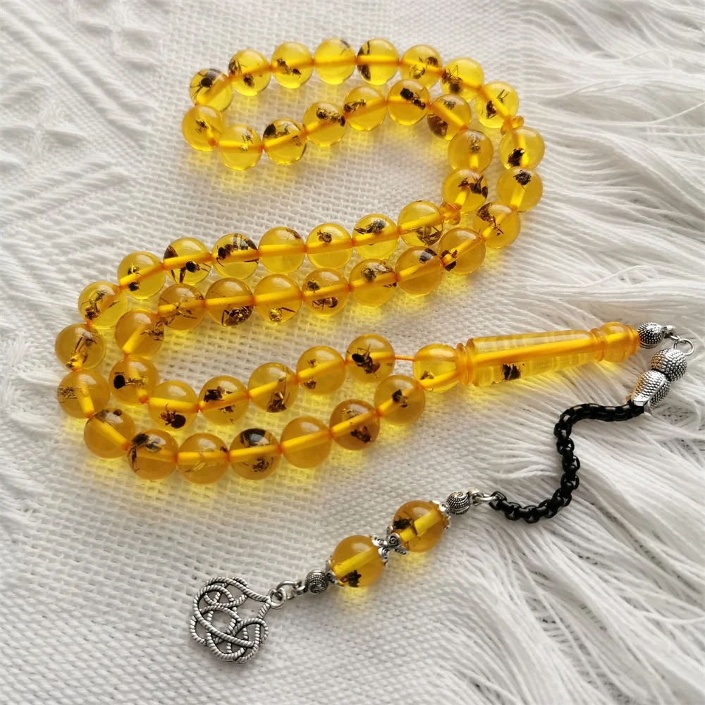 

Amazing yellow Insect Amber Beads Real ants inside 10mm 51 Sibha Round Beads Hand Made prayer bead Tasbih Rosary