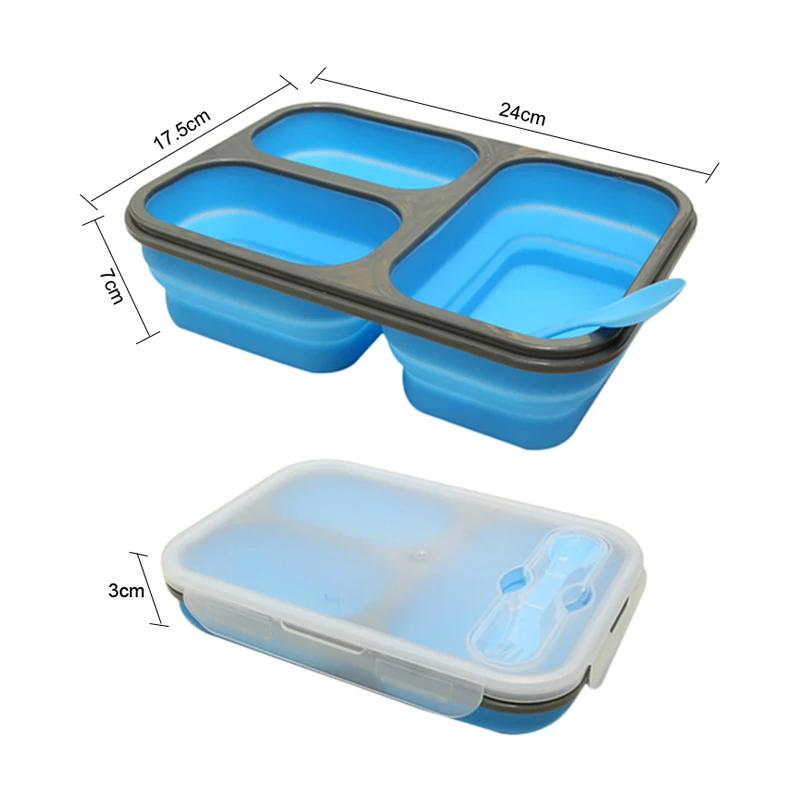 

3 Compartments Collapsible Silicone Container Children Adult Lunch Box