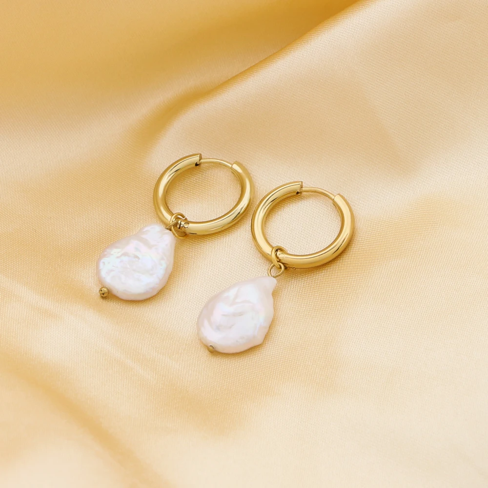 

Elegantly Baroque Freshwater Pearl Earrings 18K Gold Plated Stainless Steel Huggie Hoop Earrings Bridesmaids Jewelry