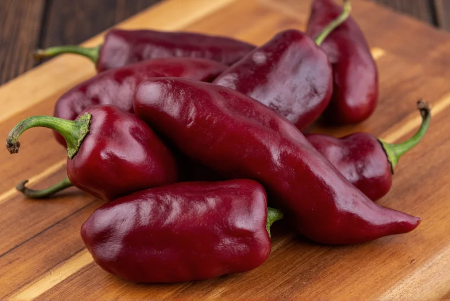 Close-up of dried morita peppers showing deep reddish-purple color and wrinkled texture