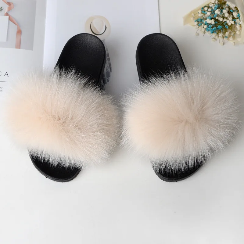 

Jtfur Wholesale Soft Fluffy Plush Sliders Woman Slides Slippers PVC Real Fox Fur Slippers, Customized color