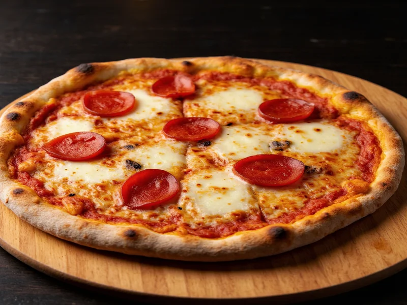 Perfectly charred Neapolitan pizza on wooden peel