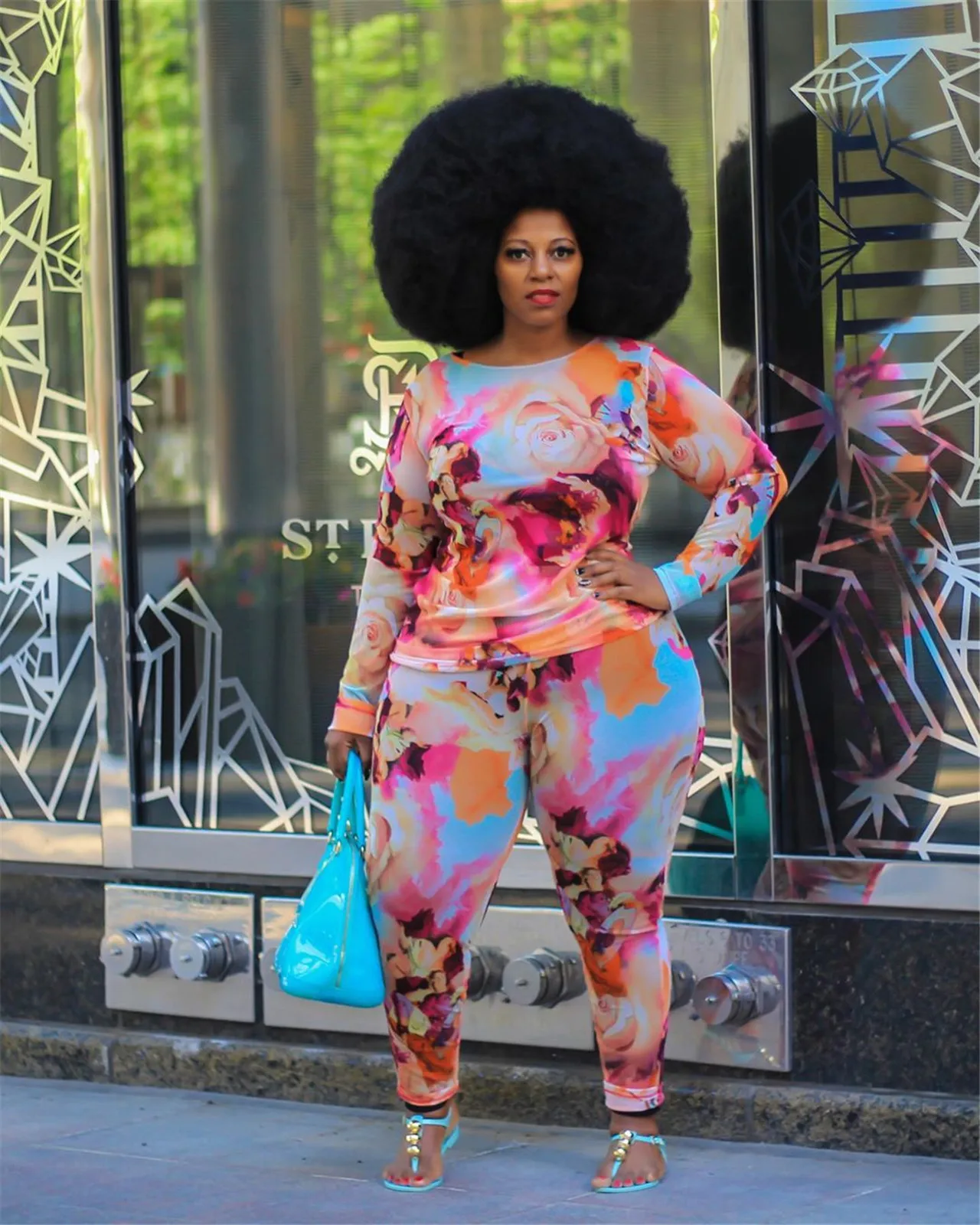 

Customized LOGO plus size women's fashion color printing long-sleeved trousers two-piece suit J6015