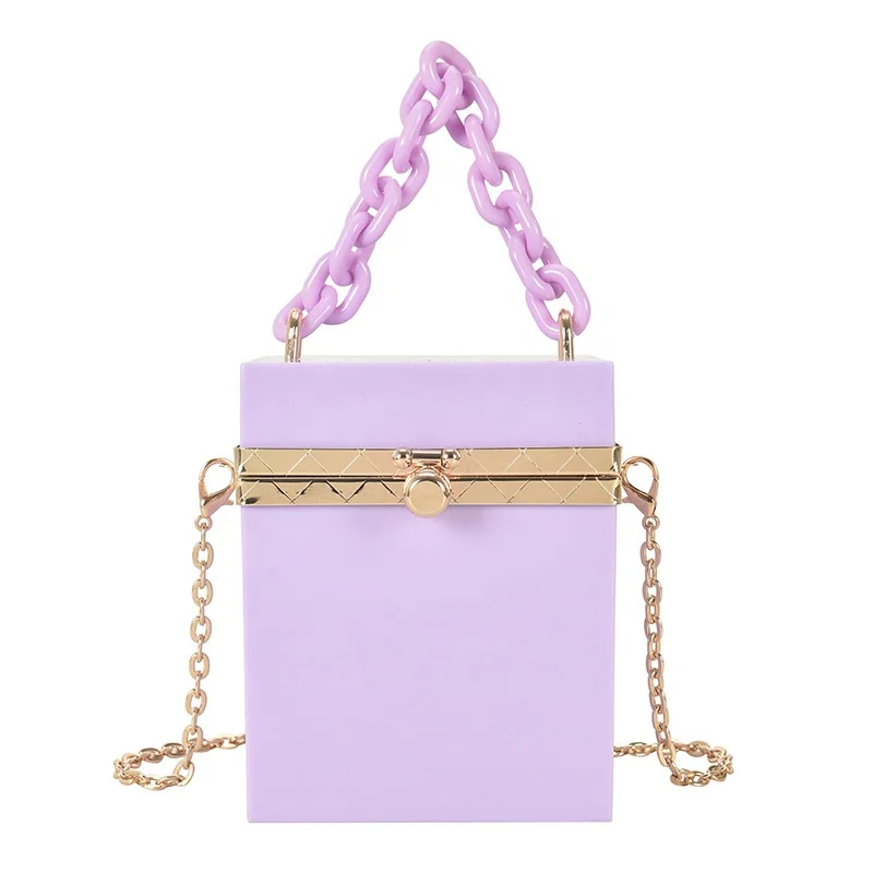 

2021 Summer Wholesale Candy Color Square Purses Cross Shoulder Acrylic Chains Tiny Handbag Women PVC Waterproof Cosmetic Bag