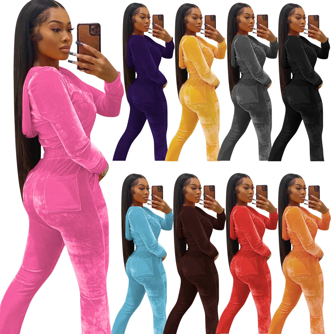 

high quality casual two piece set 2022 velvet women sweatsuits Fashion femme Lounge Wear 2 pc pants outfit set women, Colorful