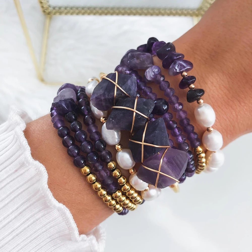 

Boho Amethyst Women Jewelry SetNatural Gemstone Agate Slices Charm Stack Bracelet Set