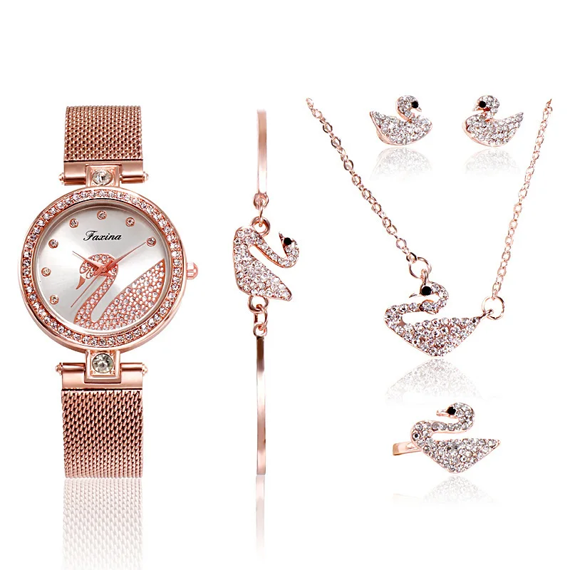 

5pcs/Set Fashion Women Watches Jewelry Gift Set Luxury Bright Diamond Quartz Watch Wrist Swan Bracelet Set Reloj Mujer, 7 colors