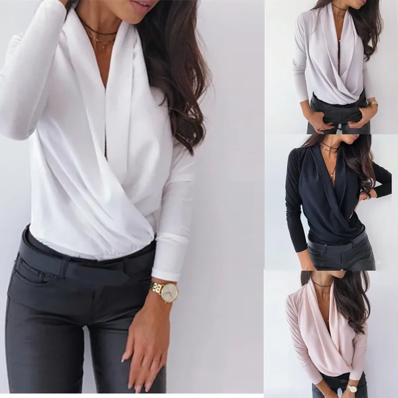 

Sexy Long Sleeve Solid Color Fall/Winter Deep V Swing Neck Top Blouse, Picture color