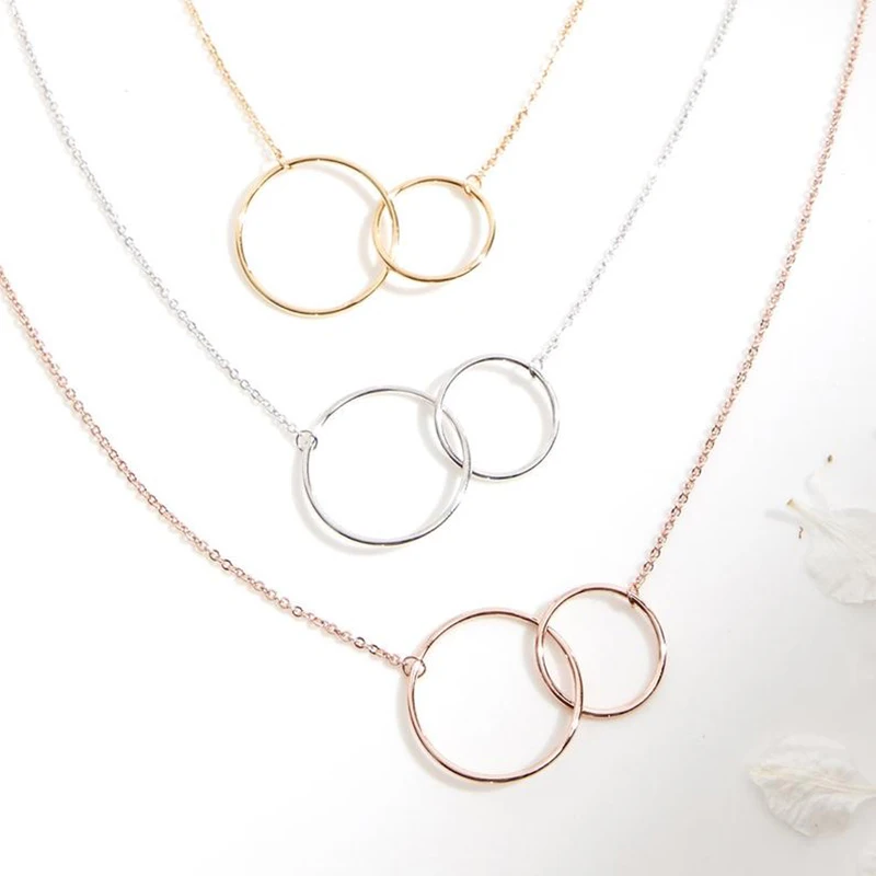 

S925 sterling silver chic geometric two circle ladies clavicle pendant necklace