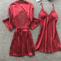 

Women Robe & Gown Sets Sexy Lace Sleep Lounge Pijama Long Sleeve Ladies Nightwear Bathrobe Night Dress With Chest Pads