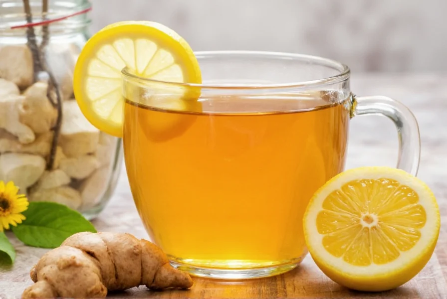 Close-up of fresh ginger root, sliced lemon, and raw honey in a glass jar arranged on wooden table for honey lemon ginger tea preparation