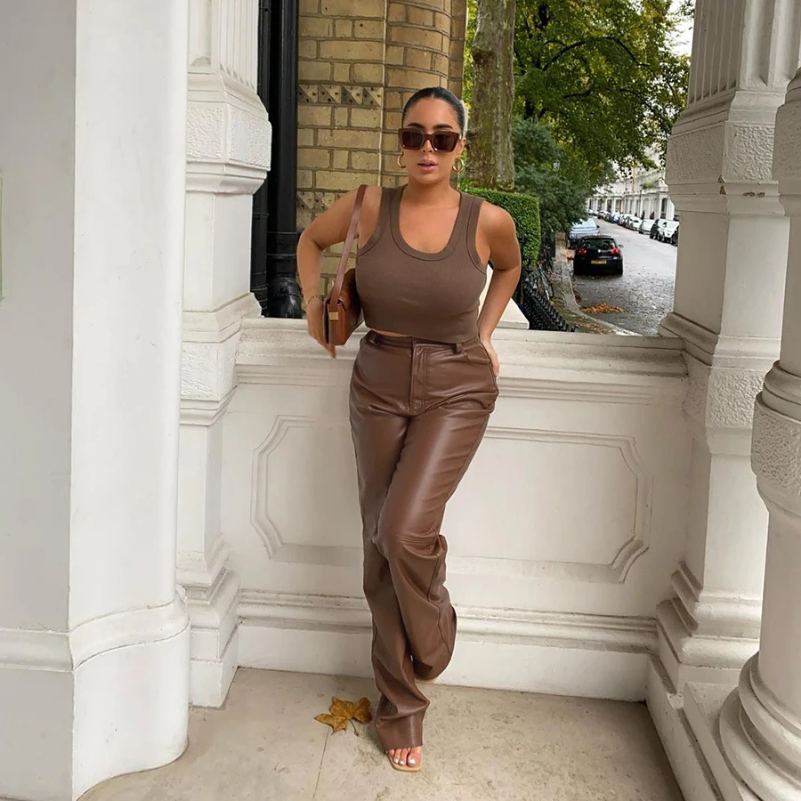 

K20P09653 Women Faux Leather High Waist Straight Pants Fall Vintage Popular Streetwear Trousers Femme Elegant Thin Slacks Pants