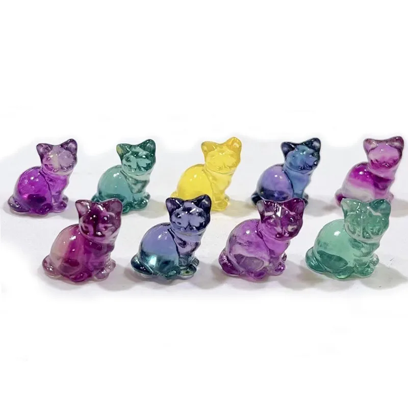 

Wholesale Price Natural Rainbow Fluorite Crystal Cute Mini Cats Carvings For Sale