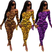 

SH8066 - women casual mesh leopard pants and off shoulder bodysuit two piece set