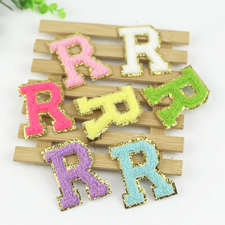 

Promotional bulk iron on towel patches fashion alphabets chenille patches with gold sequin, Blue,yelow,green,pink