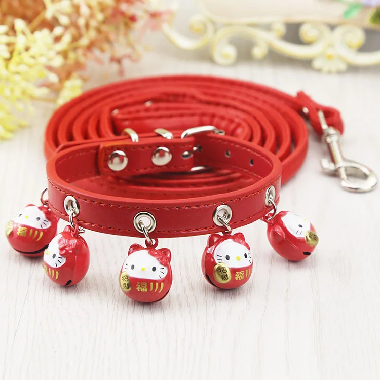 

Durable cute cartoon style adjustable pu soft puppy dog cat collar leash japanese with bells