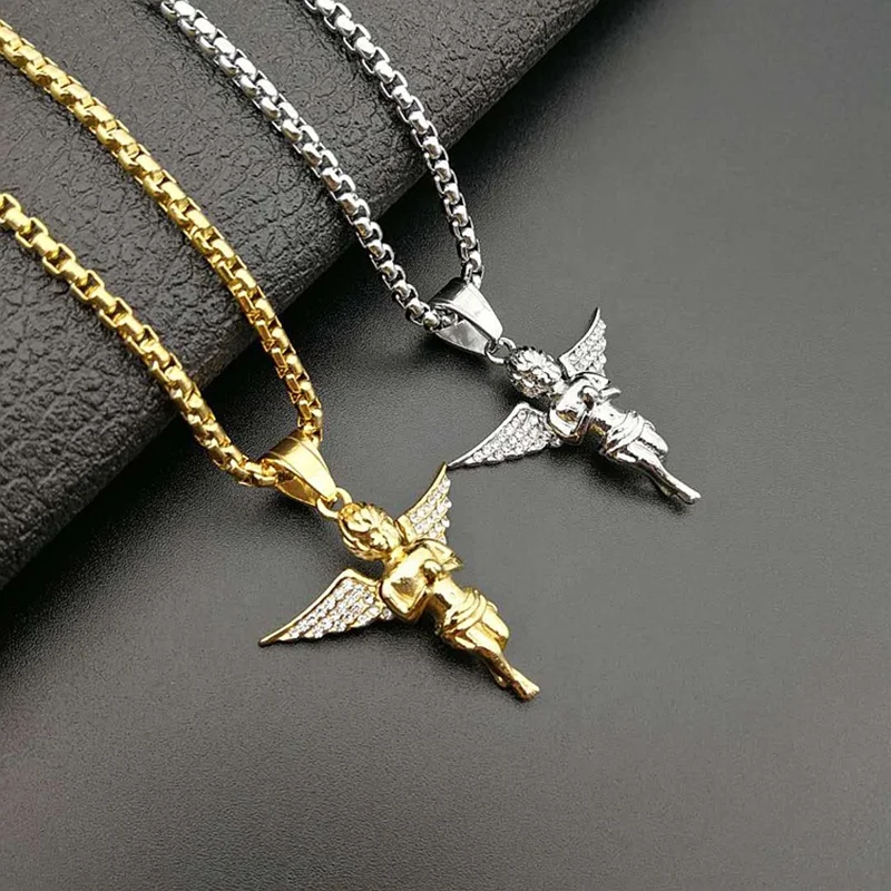 

Fashion Trendy Jewelry Vintage Retro Shiny Diamond Zircon Angel With Wings Stainless Steel Hiphop Punk Pendant for Men