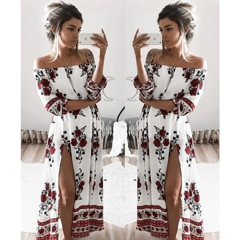 

Women Vintage Boho Long Maxi Evening Party Beach Dress Floral Sundress, As show