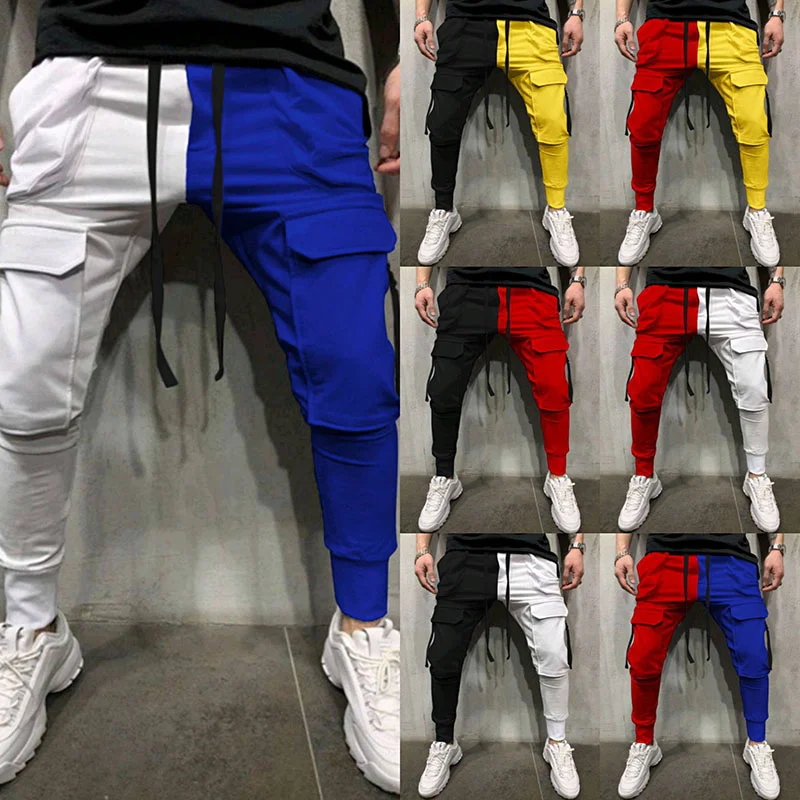 

New fashion mens joggers color matching pocket street pants outdoor sports fitness casual trousers long pencil slim pants