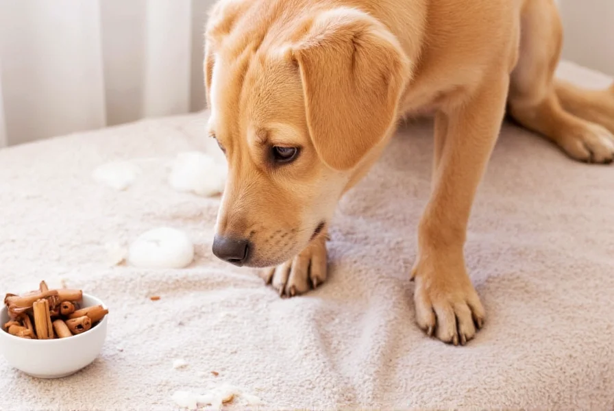 Golden Retriever sniffing cinnamon powder on kitchen counter - veterinary safety warning