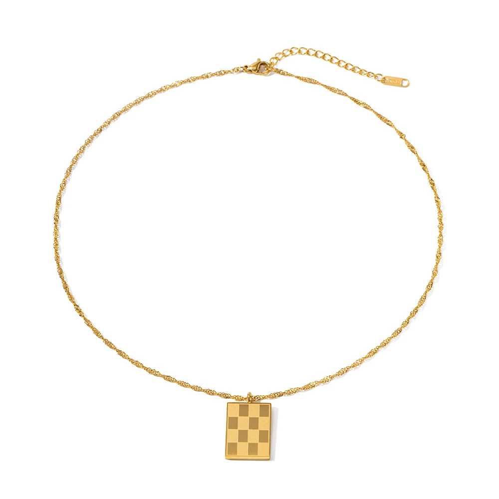 

18k Gold Plated Texture Square Stainless Steel Party Jewelry Chess Plaid Pattern Pendant Necklace