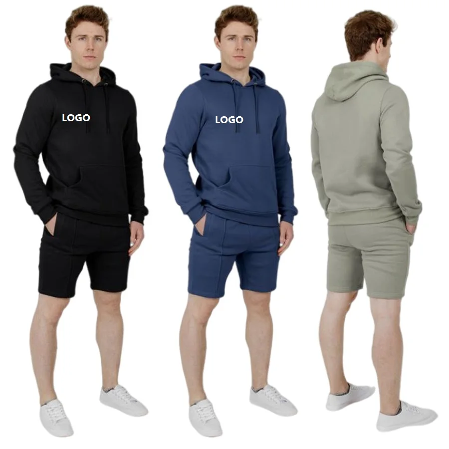 

custom sports logo mens hoodie and sweat shorts set 100% cotton solid plain tracksuit sweat track short suit set for men, 3 colors or oem