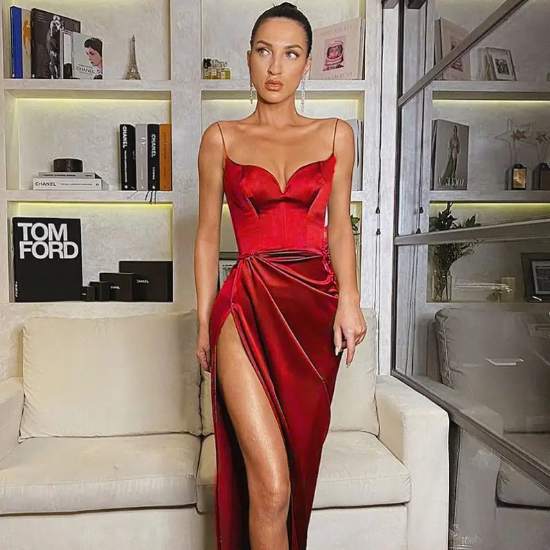 

2021 Wedding Long Maxi Dress Fashion Hot Sale V Neck Split Sparkle Slit Formal Evening Party Dress Sexy Silk Sleeveless, Photo color