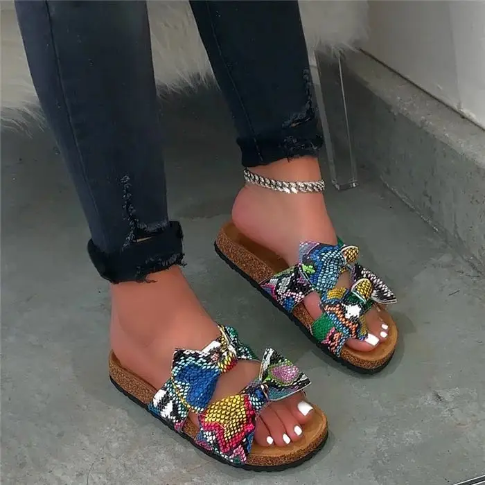 

Colourful Summer Sexy Bow Slippers Leopard Flat Sandals For Ladies, Customized color