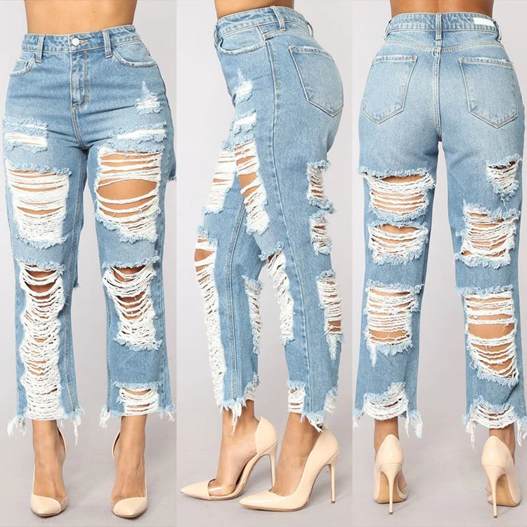 

Fashion ladies sexy ripped short jeans soft high-waisted jeans ladies light blue ripped jeans, Customized color