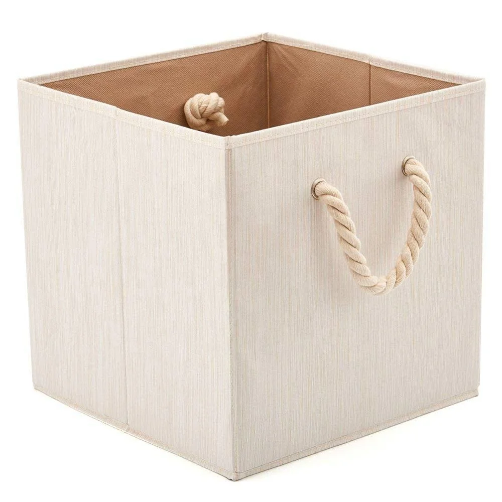 

13x13x13 Inches Foldable Bamboo Fabric Storage Bins for Cube Organizer with Cotton Rope Handles, Collapsible Basket Box for home, Beige