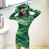 

R10470S Women's High Collar Lightning Print Gloves Long Sleeve Dress